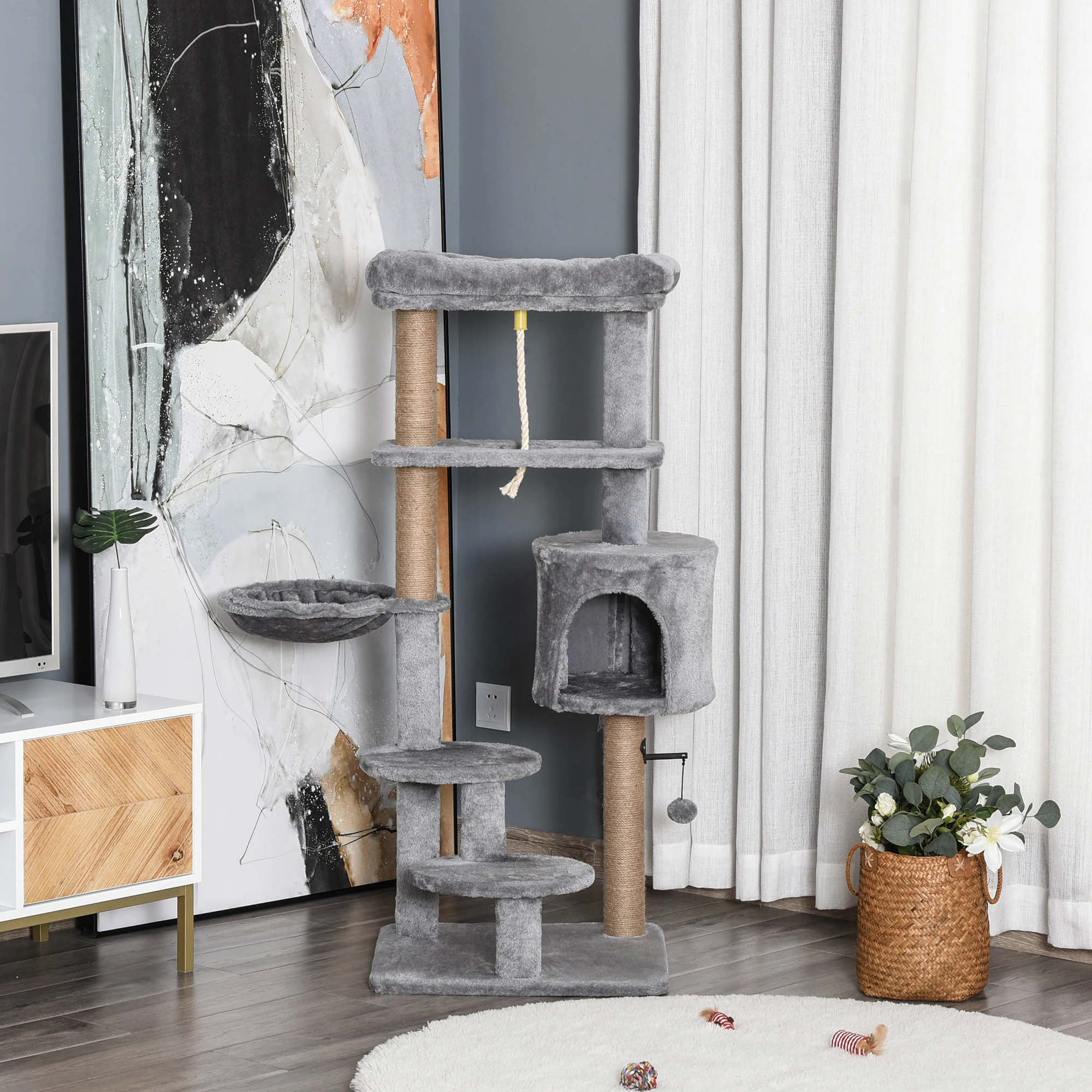 PawHut Kratzbaum mit 5 Ebenen und einer kleinen Höhle grau 48L x 48B x 120H cm