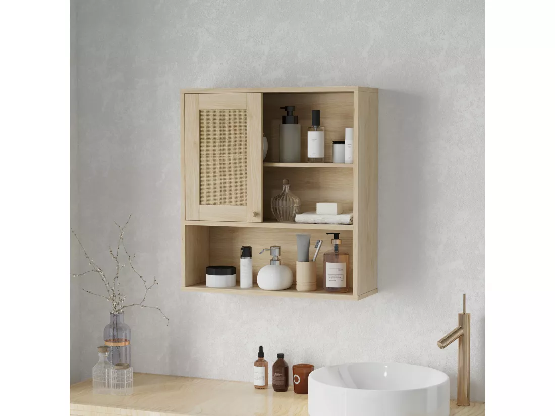 Armoire murale de salle de bain style cosy chic - porte coulissante rotin, étagère, niche - effet bois clair