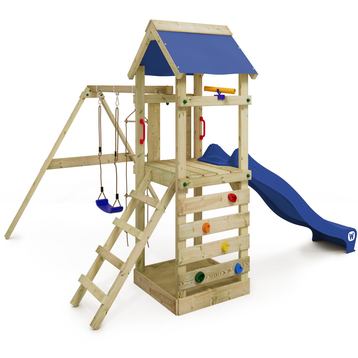 WICKEY FreeFlyer Speeltoren Klimrek met Schommel en Glijbaan, Klimtoren met Zandbak, Ladder en Speelaccessoires - Blauw