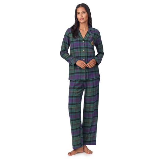 Lauren Ralph Lauren Notch Collar Pyjamassæt, Green Plaid, M