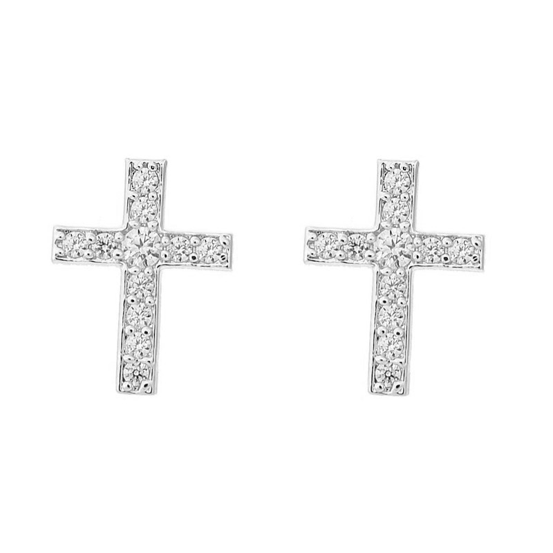 Boucles d'oreilles croix sertie d'oxydes de zirconium Argent 925 Rhodié
