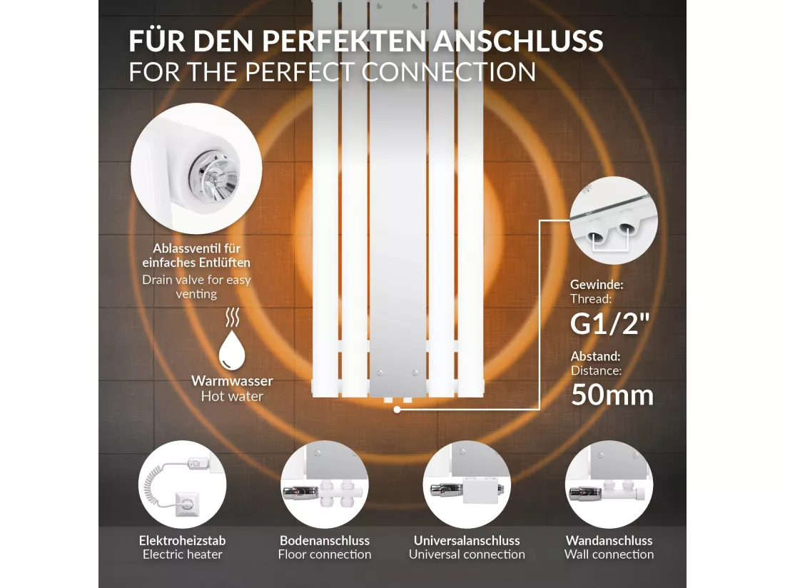 Radiateur plat vertical blanc 450x1200 mm + miroir et kit raccordement d'angle