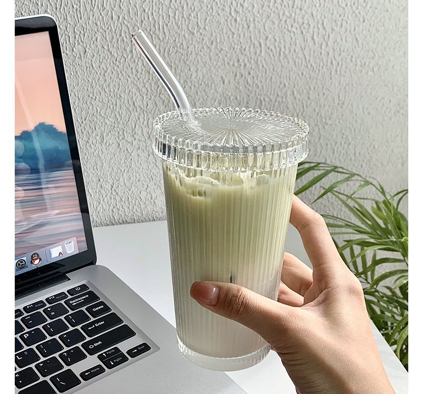 NEJA - Geëmbosseerde glazen drinkbeker met rietje