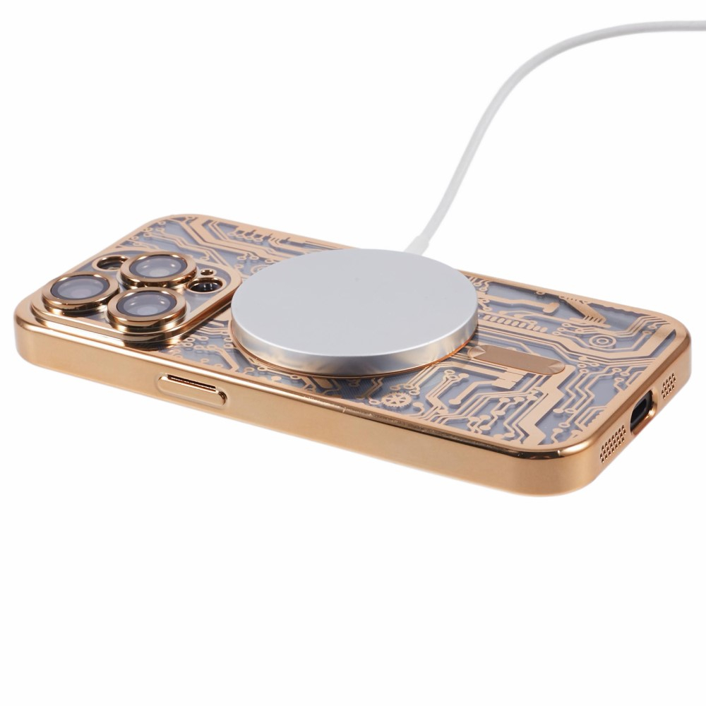 iPhone 15 Pro Max MagSafe Gummi Case Hülle Galvanisierter Rahmen im Mechanischen Zahnrad Design   Kameraglasschutz - Gold