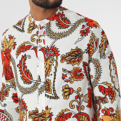 Chemise Manches Longues Col Mao Floral UY840 Blanc Rouge Jaune