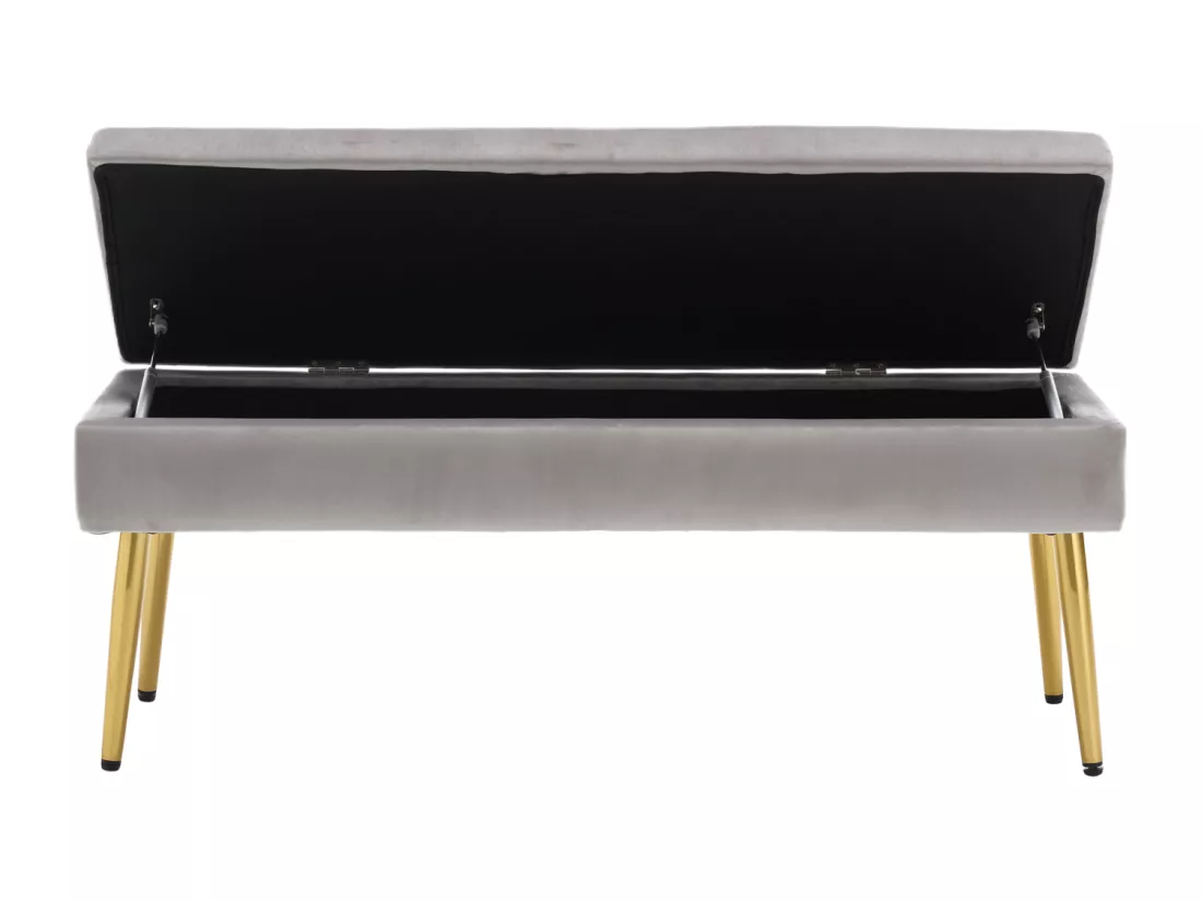 Banc de rangement, 111x35x44.5cm, pieds en métal doré pour salon, à l'entrée, à la chambre à coucher, en velours Gris clair