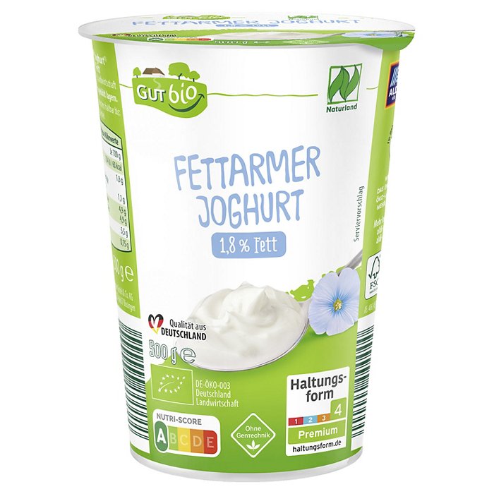GUT BIO Bio Joghurt 1,8 % Fett 500 g, fettarm, Naturjoghurt