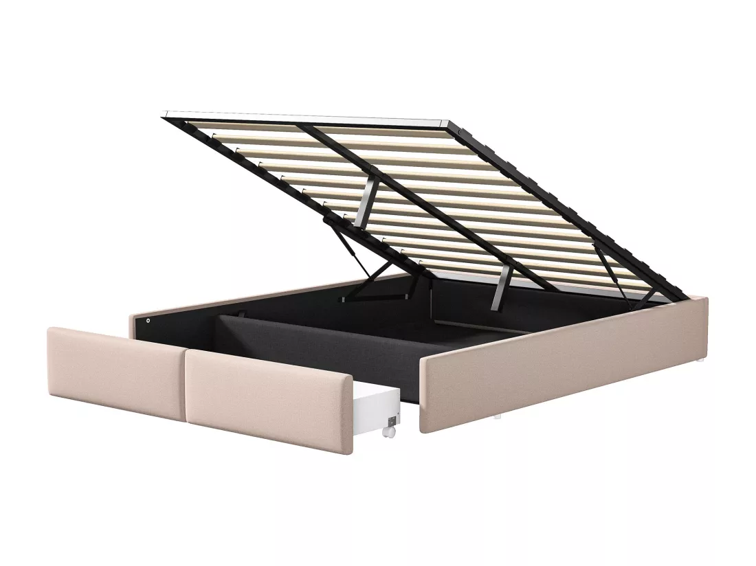 Lit coffre 160x200cm en tissu lin avec 2 tiroirs - sommier à lattes - sans tête de lit - Beige