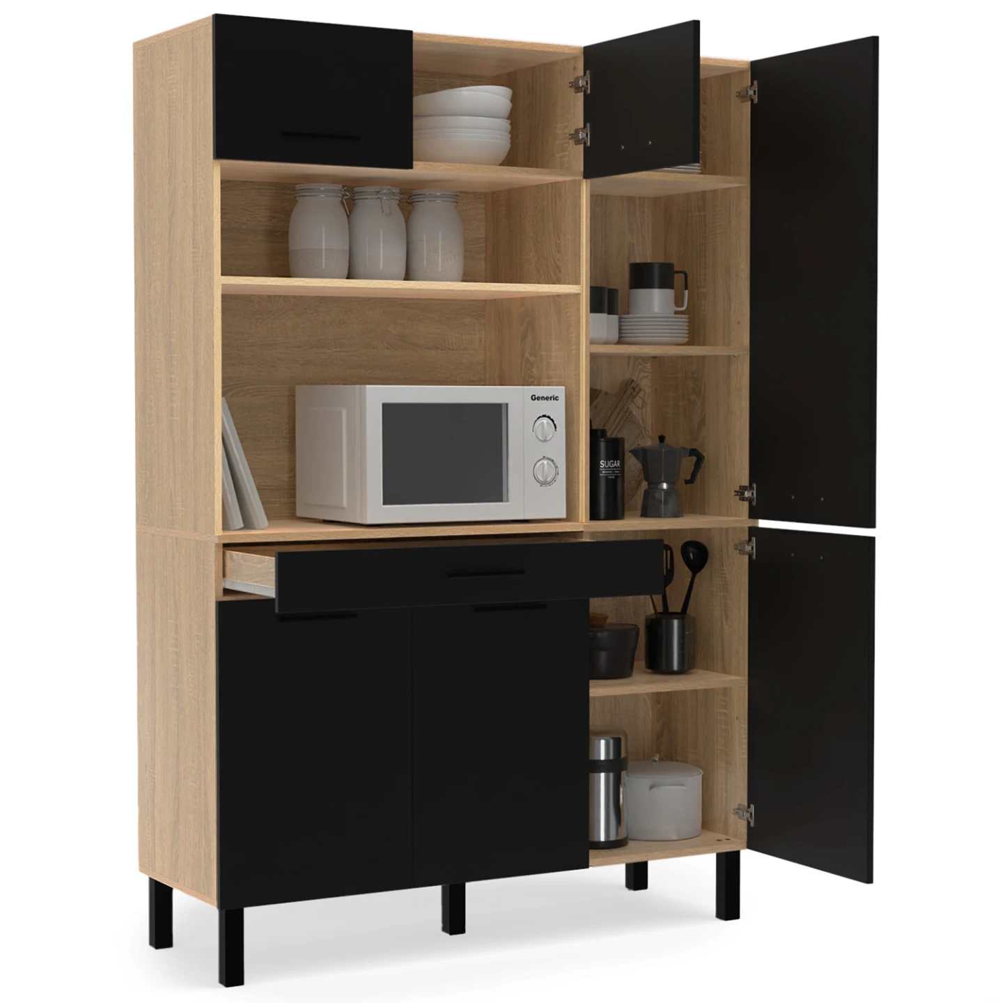 Buffet de cuisine avec colonne de rangement 120 CM CINA 6 portes + tiroir façon hêtre et noir