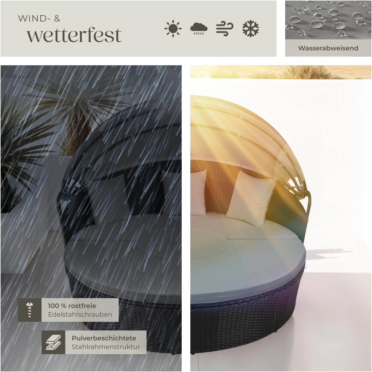 tectake® Lounge Muschel Sonneninsel Outdoor wetterfest, Gartenmuschel, Sonnenliege 2 Personen und mehr, multifunktionales Terrasse oder Balkon Möbel, Gartenliege wetterfest - schwarz