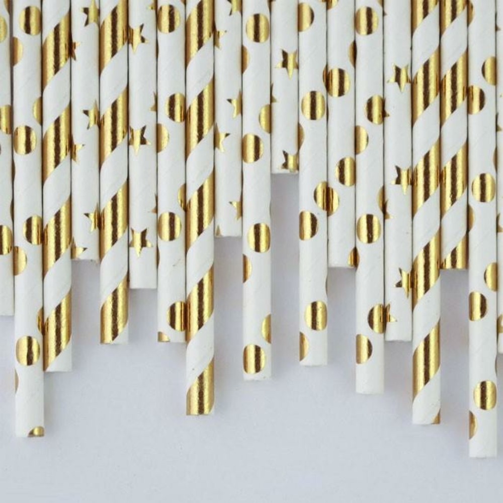 24 pailles en papier doré et blanc