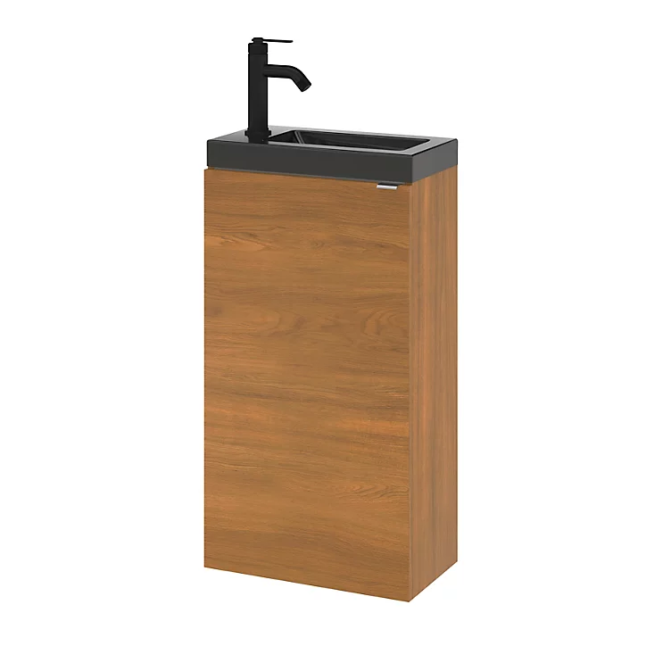 Ensemble lave-mains l.45 cm meuble à poser Imandra décor noyer + plan vasque céramique noir