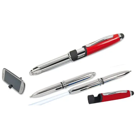 cuurts LED Touchpen Kugelschreiber mit Licht und Smartphone Halterung, silber-rot, 5 Stück