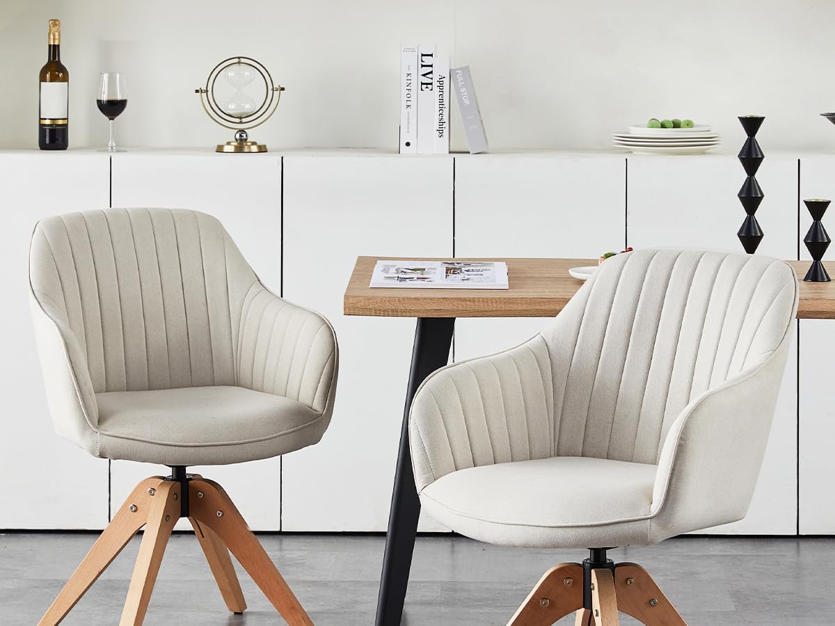 CLIPOP Drehbarer Design Stuhl Vintage Beige Buchenholz Beine Esszimmerstuhl Küchenstuhl Besucherstuhl Bürostuhl Wohnzimmerstuhl (Leinen, Beige)