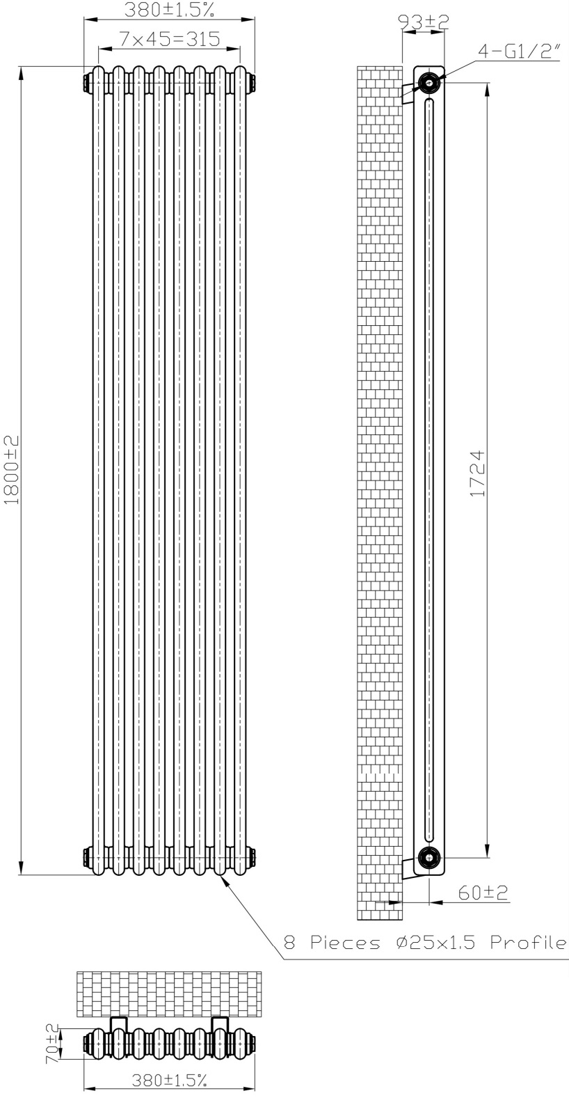 Eastbrook Imperia 2 koloms radiator 40x180cm 1190W zwart mat