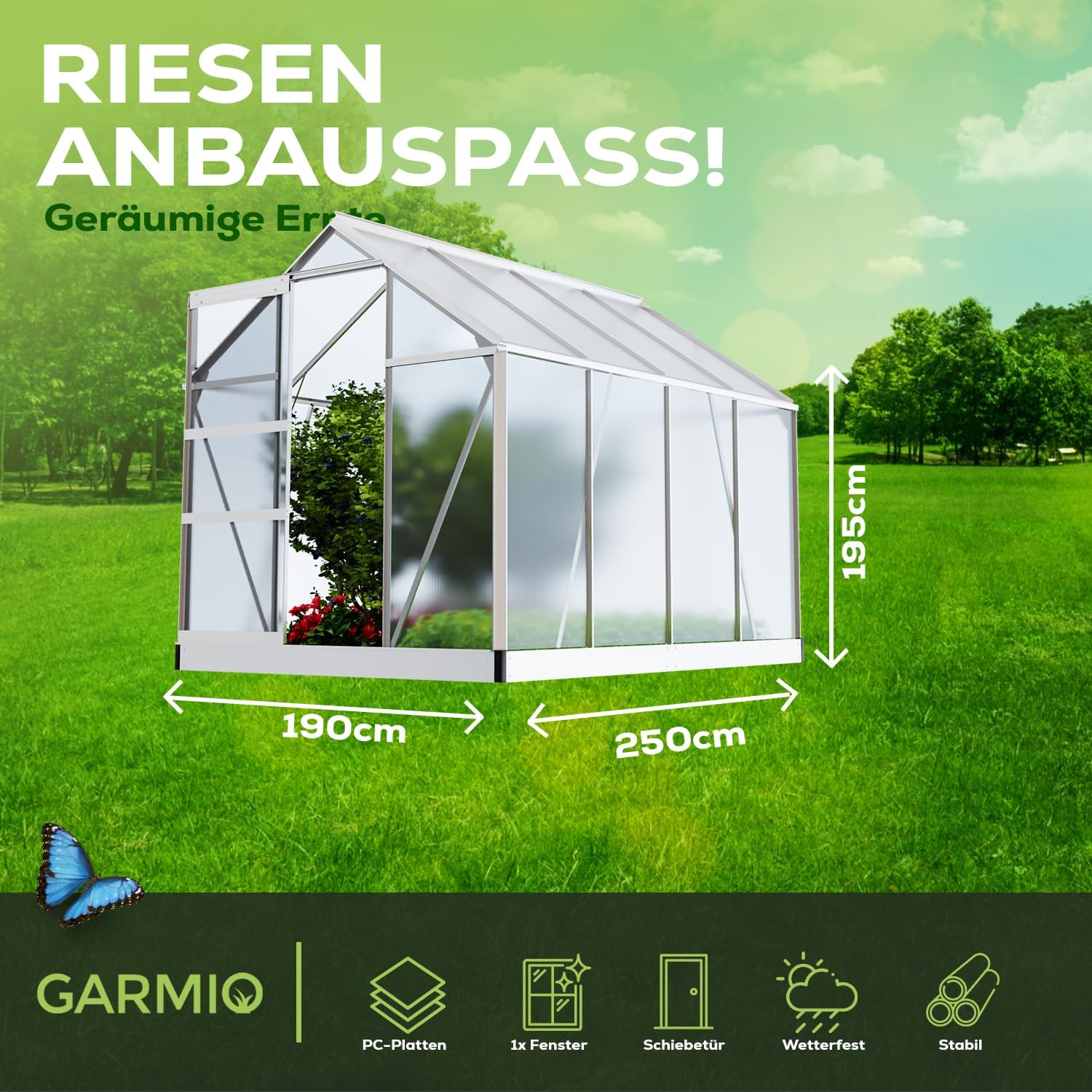 Gewächshaus Neapel 250x190cm für den Garten, Alu Frühbeet inklusive Fundament, 2 Dachfenster Treibhaus Aufzucht Pflanzenhaus Tomatenhaus 4,75m² UV-Schutz
