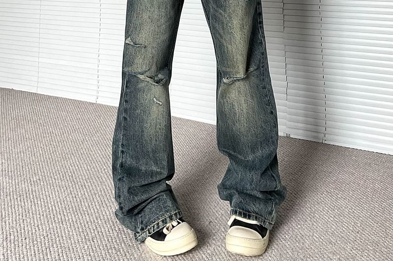 Rosesand - Low Waist Washed Ripped Straight-Fit Boot-Cut Jeans