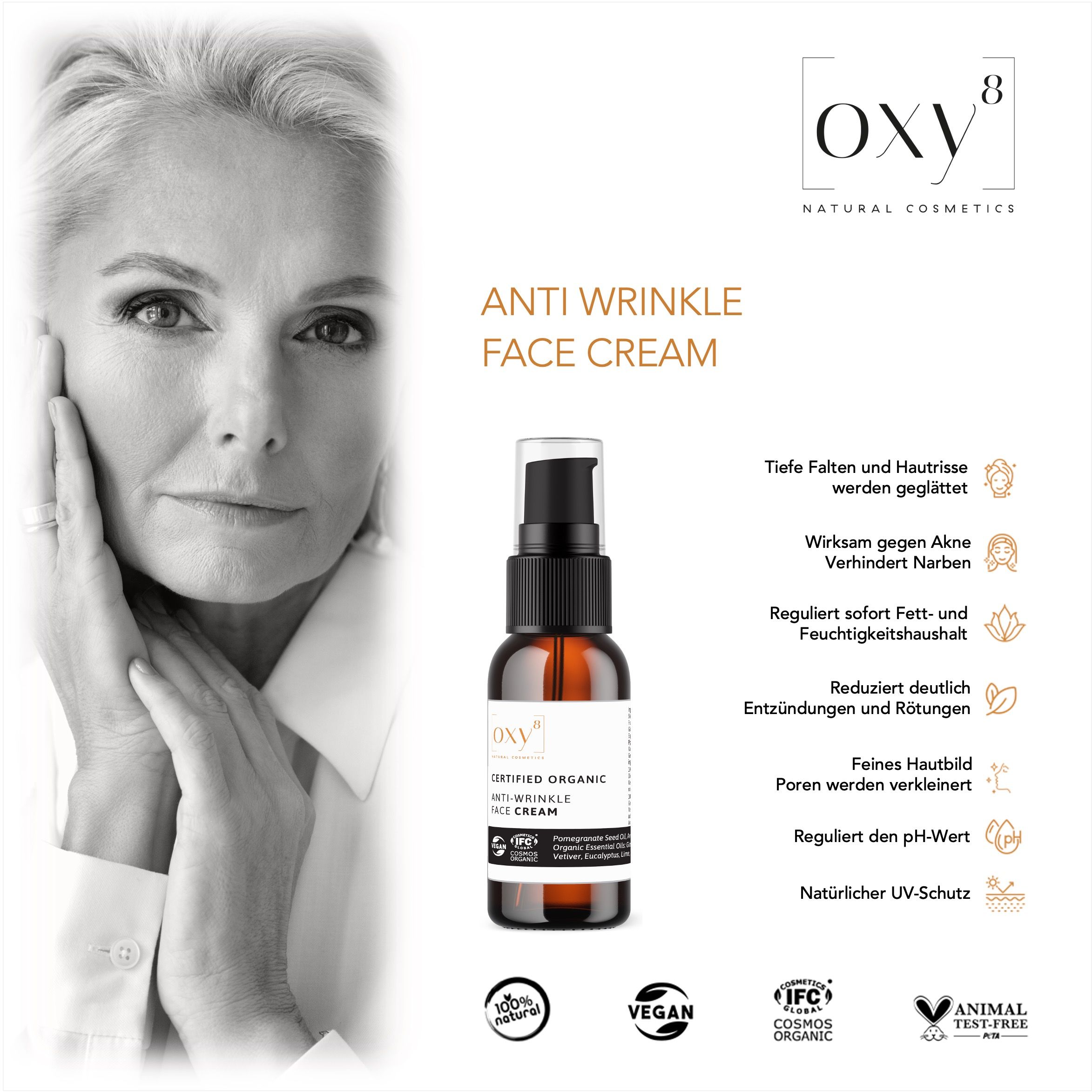 oxy8 Naturkosmetik ANTI WRINKLE FACE CREAM - Anti Aging. Antifalten Creme. Glättet tiefe Falten.