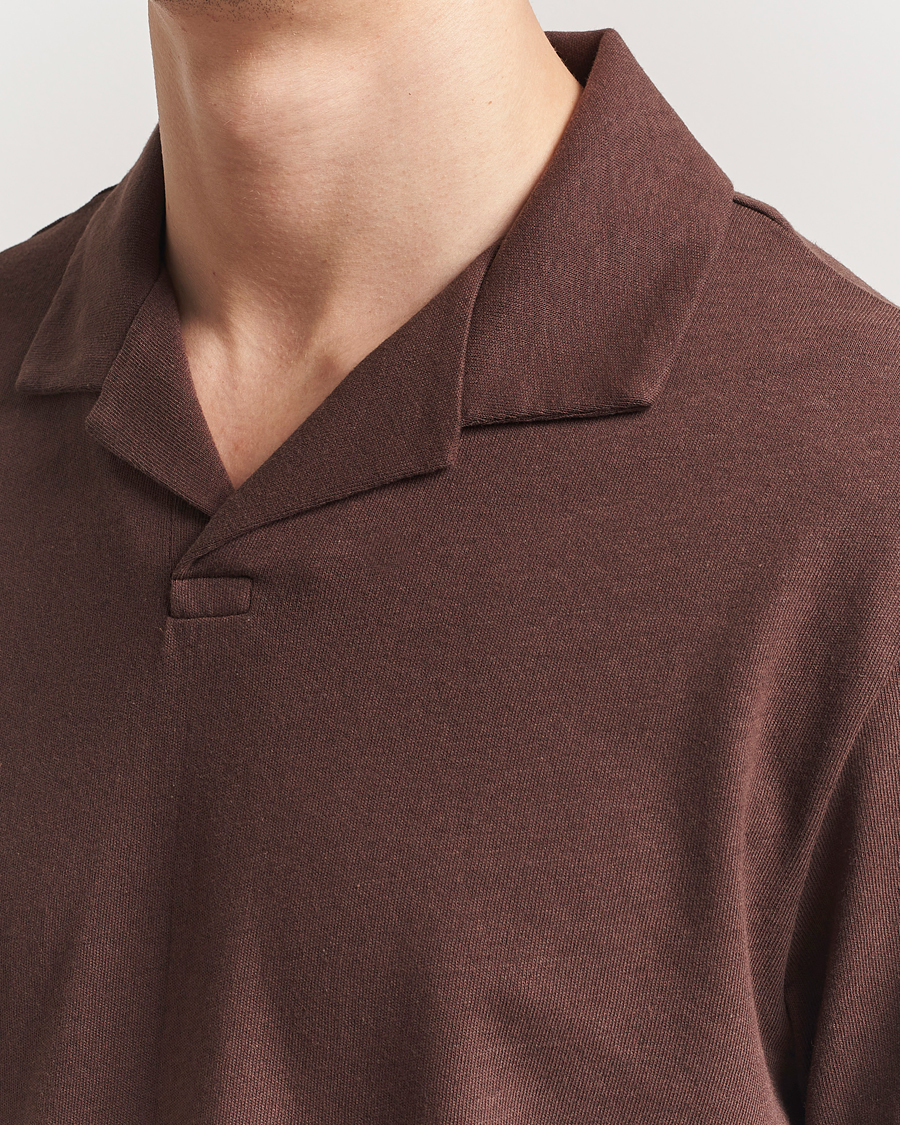 BOSS BLACK Ponti Cotton/Linen Open Collar Polo Dark Brown