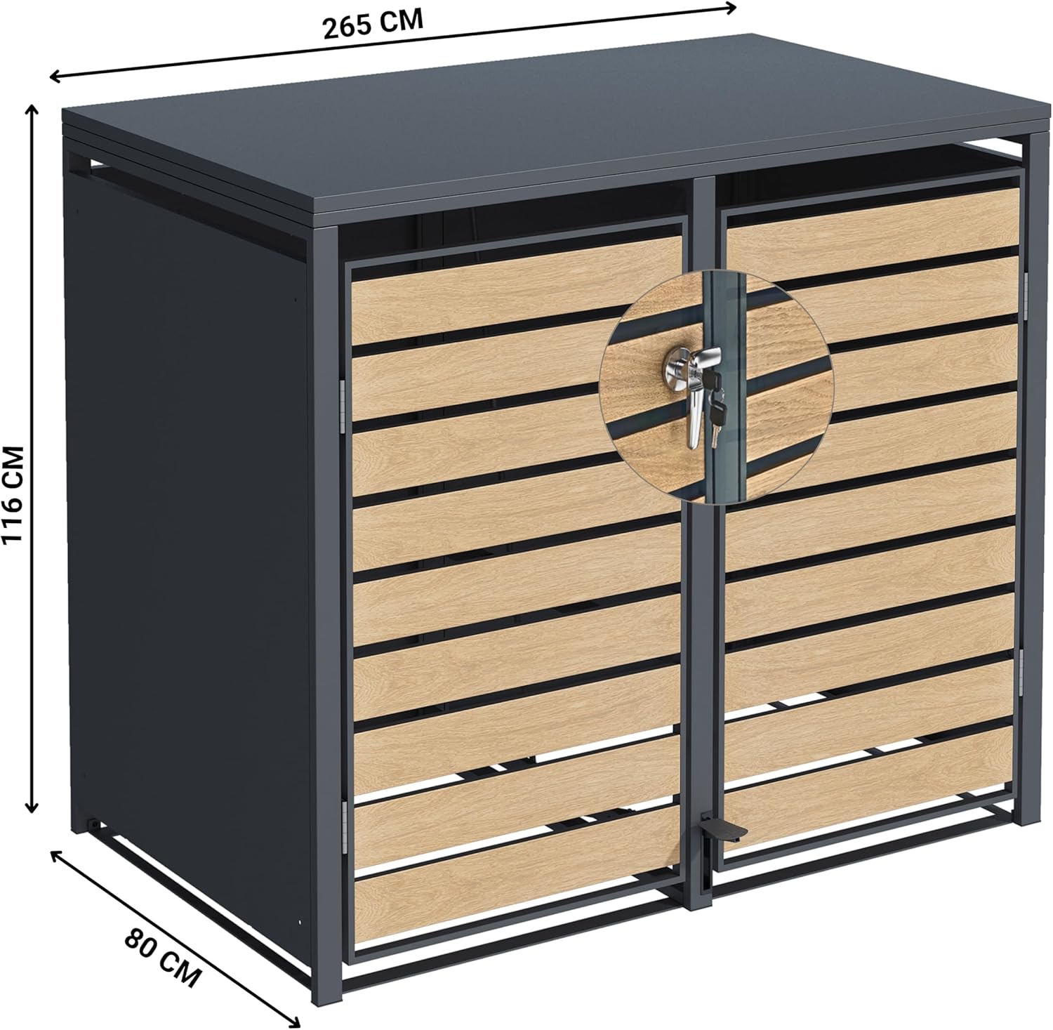 Mülltonnenbox Metall Anthrazit für 2×240L - Premium Mülltonnenverkleidung mit Fußpedal, pulverbeschichtet, Holzoptik-Front – W132×D80×H116 cm