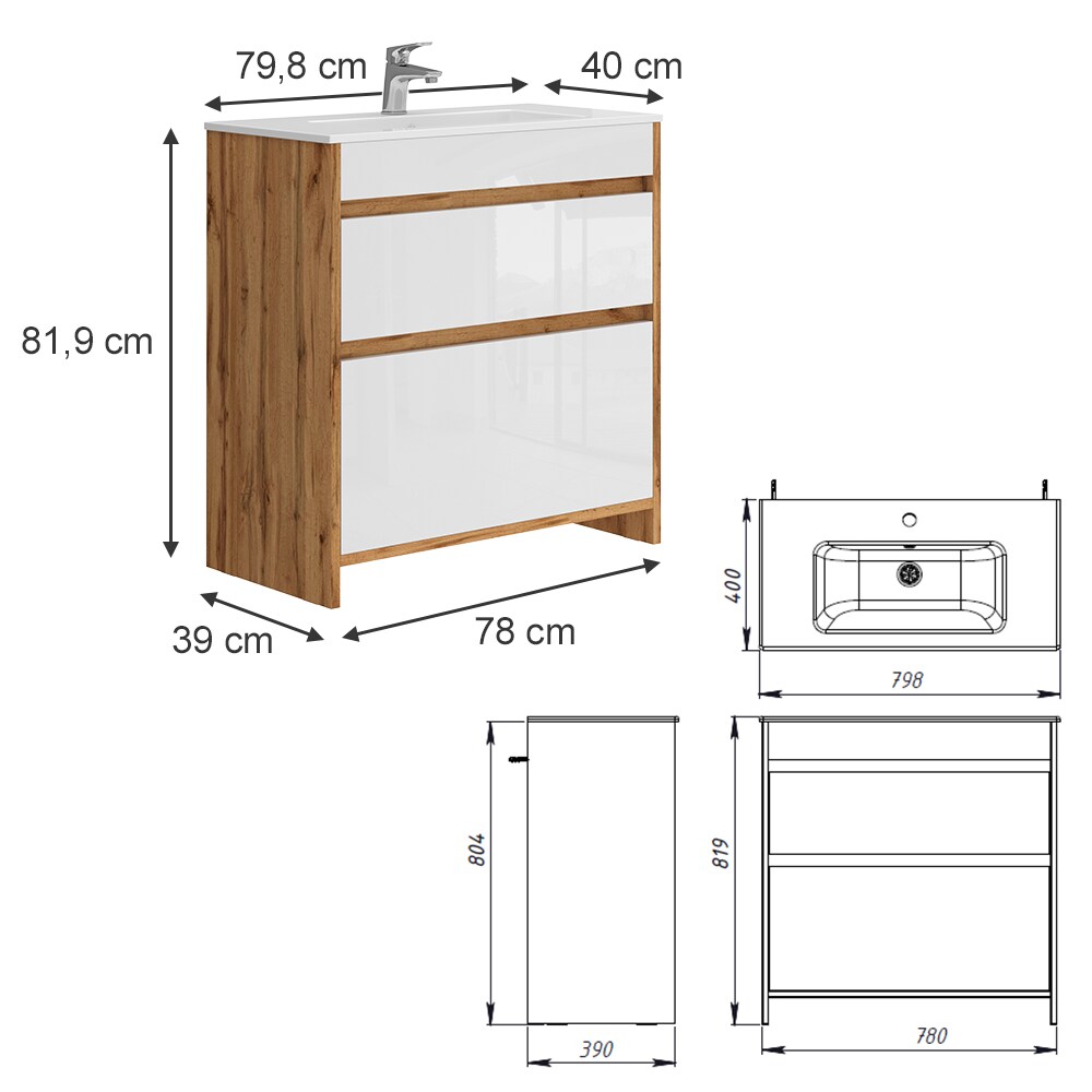 Vicco Waschbecken mit Unterschrank Detmold Eiche Weiß 80 cm