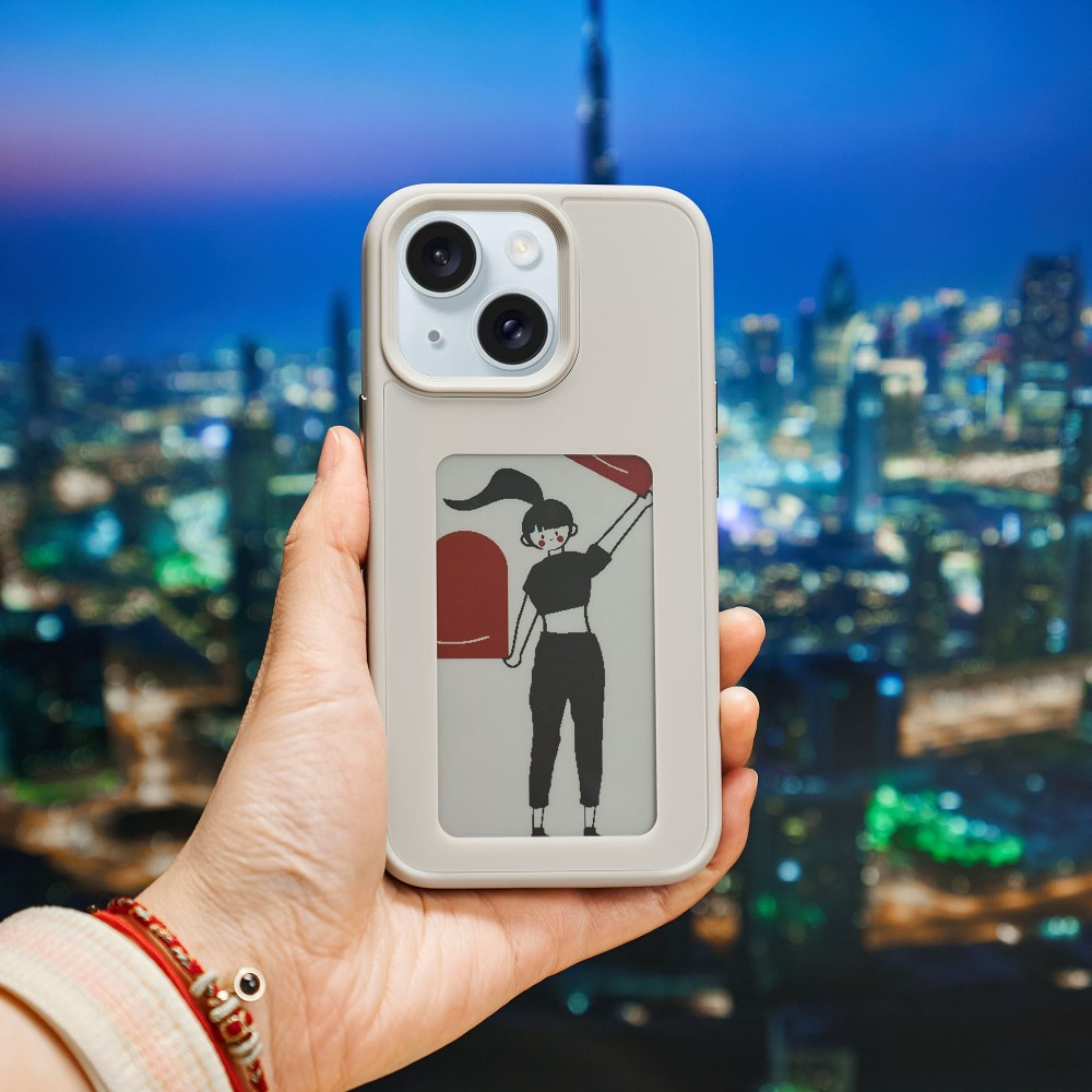 iPhone 15 Hybrid Hülle TPU Bumper mit Acryl Rückseite   DIY E-Ink Display mit NFC Technologie - Grau