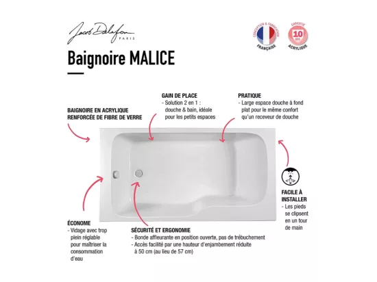 Baignoire bain douche JACOB DELAFON Malice + tablier baignoire + pare bain + étagère 170 x 90 v. droite