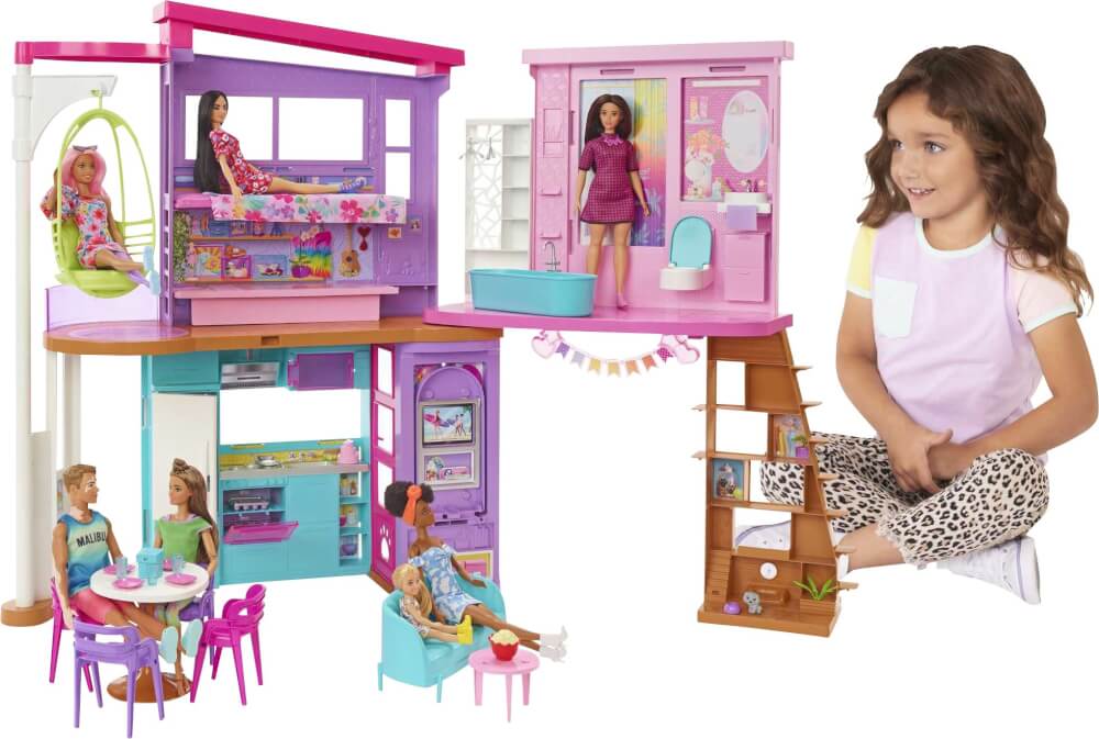Mattel HCD50 Barbie Malibu Haus mit über 30 Teilen, Spielzeug für Kinder ab 3 Jahren