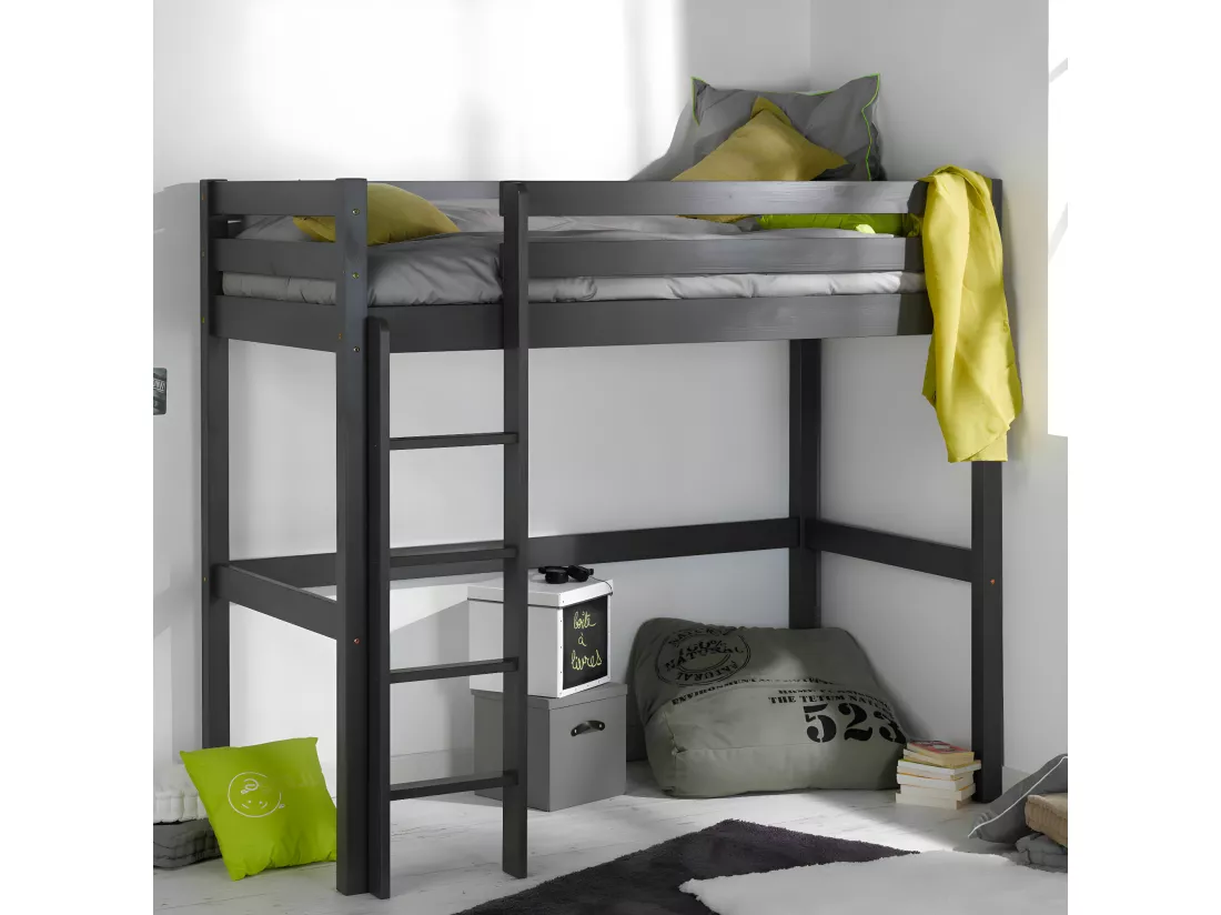 Pack lit mezzanine avec matelas 90x190 cm bois massif bois naturel AARON