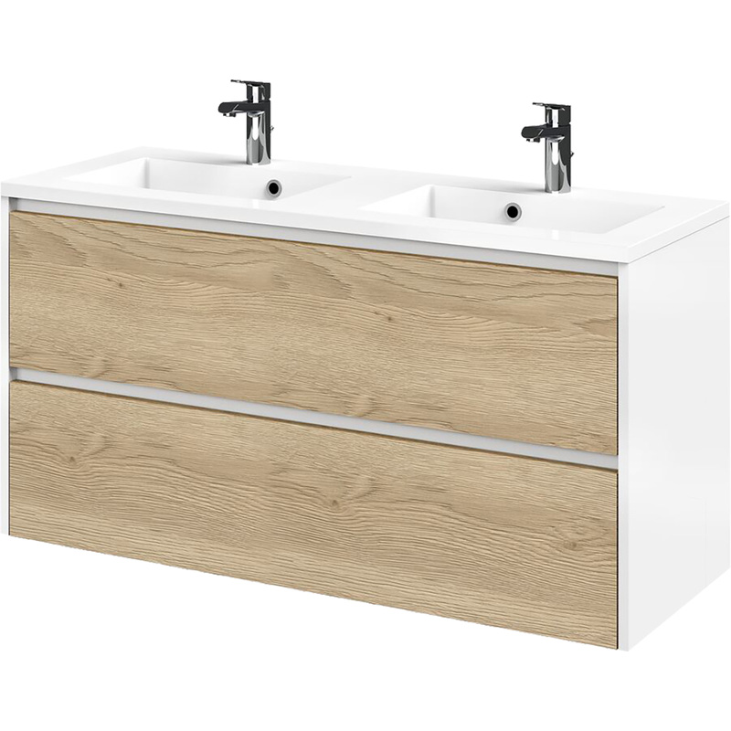 Tiger Reverse Meubelset 120 cm met 2 lades Naturel eik / Mat wit inclusief Quadro wastafel Hoogglans wit