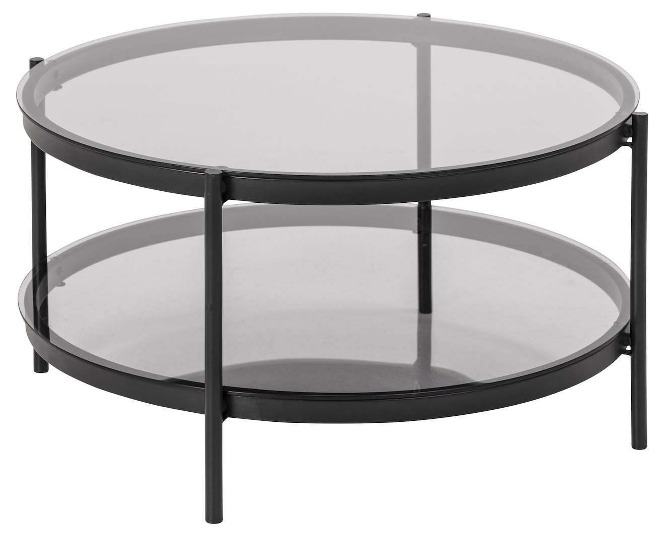 Bayonne sofabord Ø79cm. Røkt glass med hylle og sortlakkert stålunderstell.