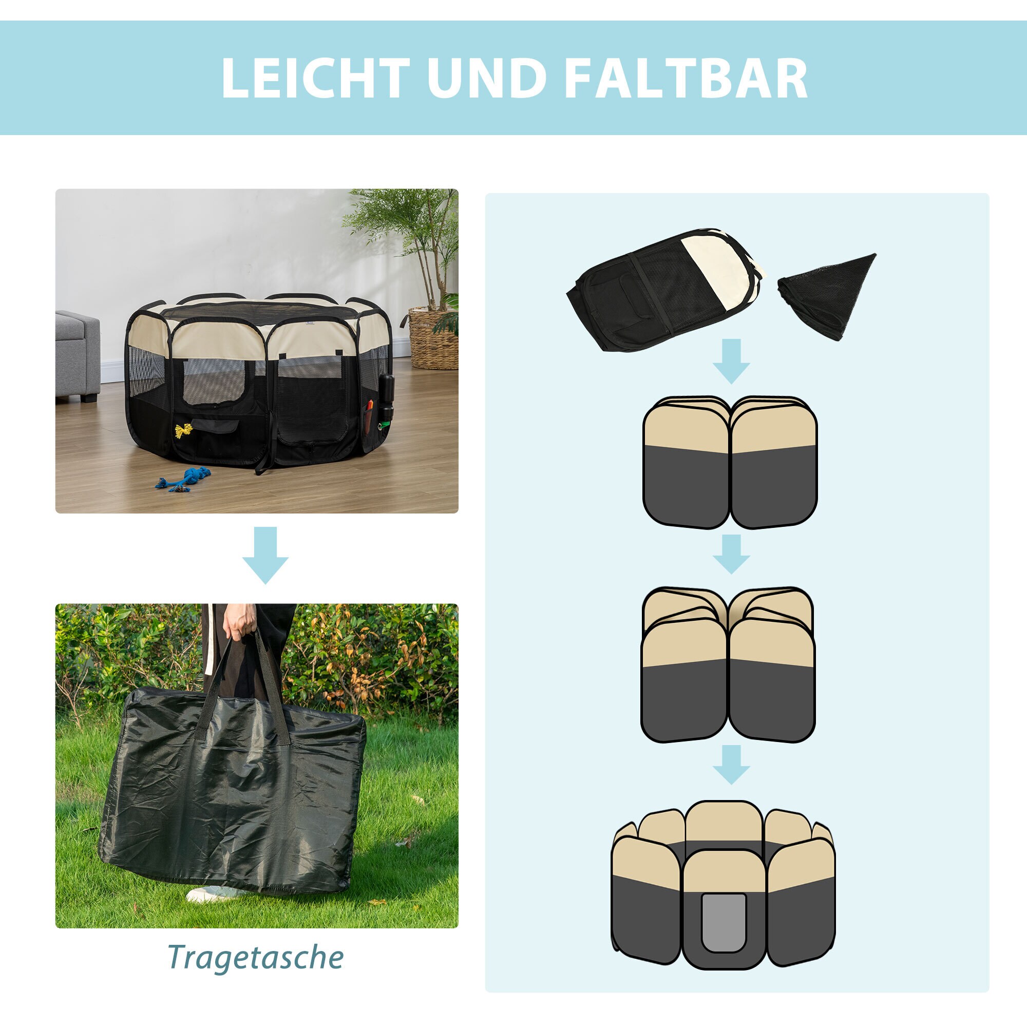 PawHut Welpenlaufstall mit Schutznetz schwarz, weiß 118L x 118B x 62H cm