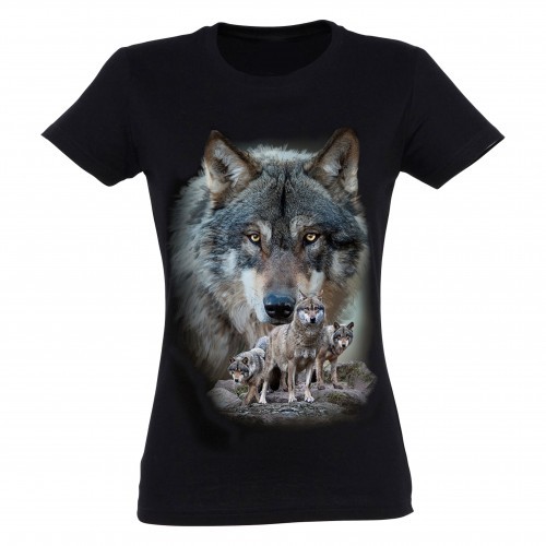 Camiseta feminina com estampa de lobo, preta.