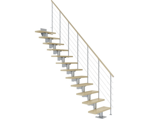 Pertura Chiron middentrap, parelgrijs, recht, 75 cm, leuning van gelamineerd esdoornhout, gelakt, 11 treden / 12 stootborden