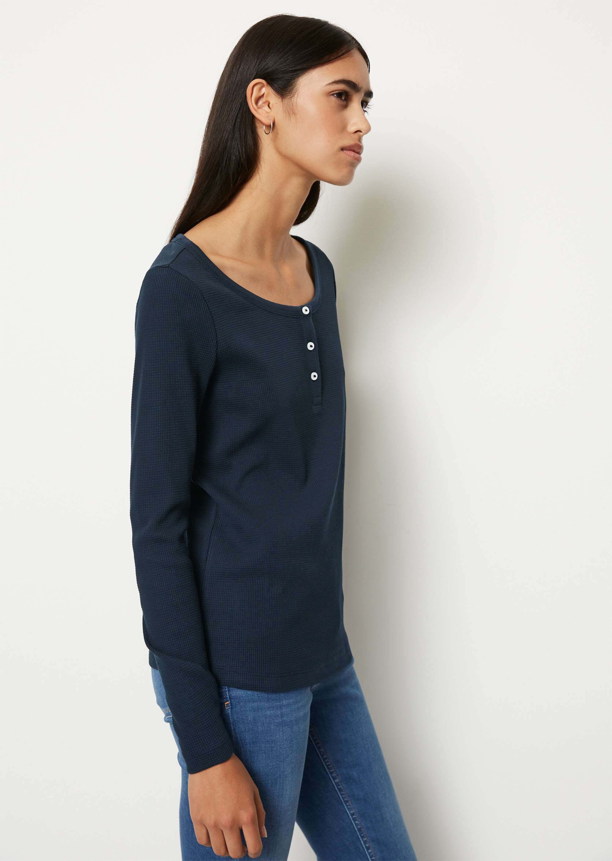 Serafino-Longsleeve regularaus Waffelpiqué-Jersey