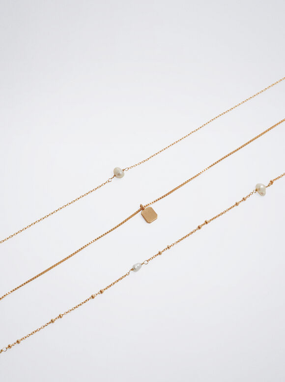 Conjunto de colar com pérolas e medalhas - Dorado