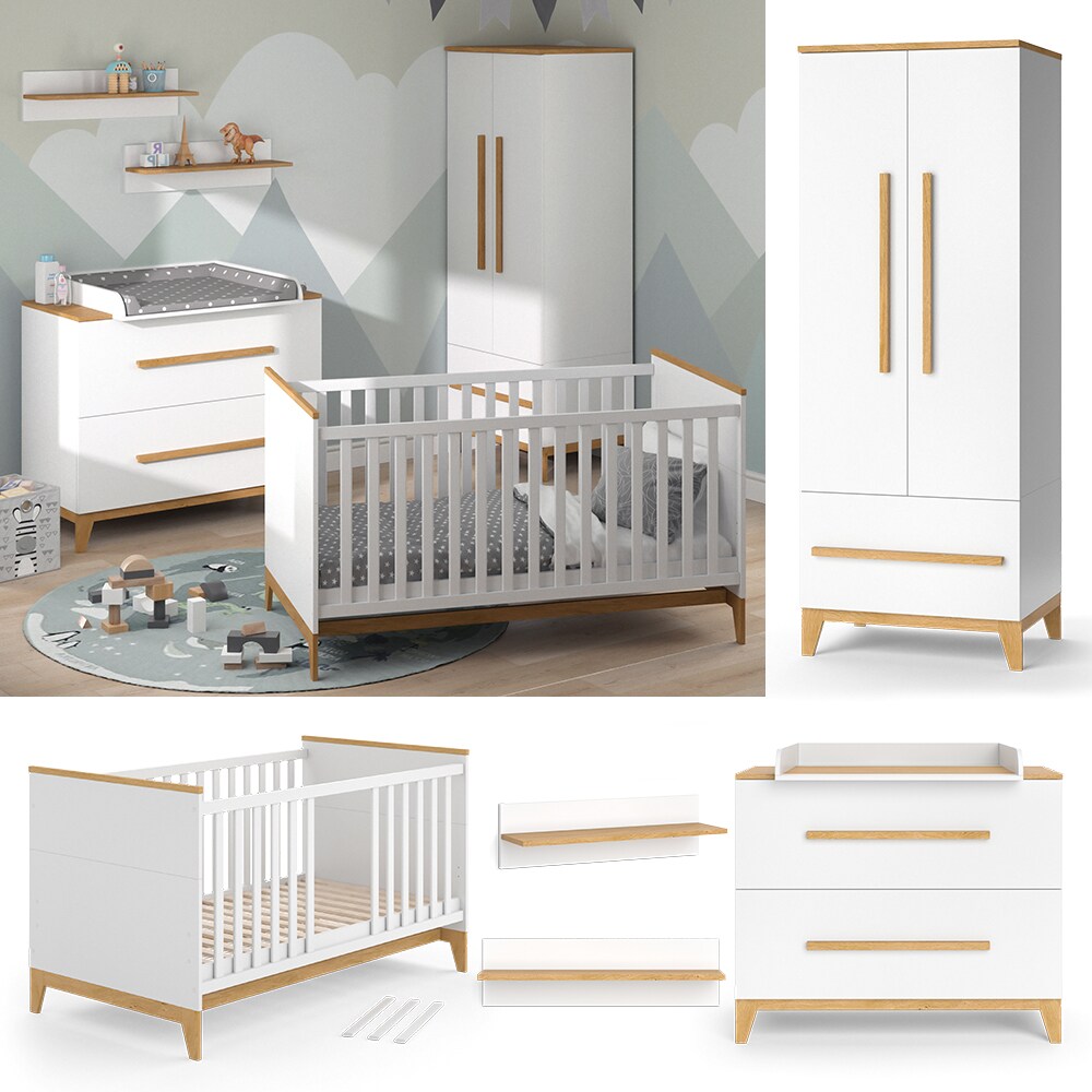 VitaliSpa Babymöbel Set Malia Weiß Eiche Wickelkommode Wandregal Kinderbett Kleiderschrank Kinderzimmermöbel Wickelauflage Aufbewahrung Lattenrost Rausfallschutz Kleiderstange