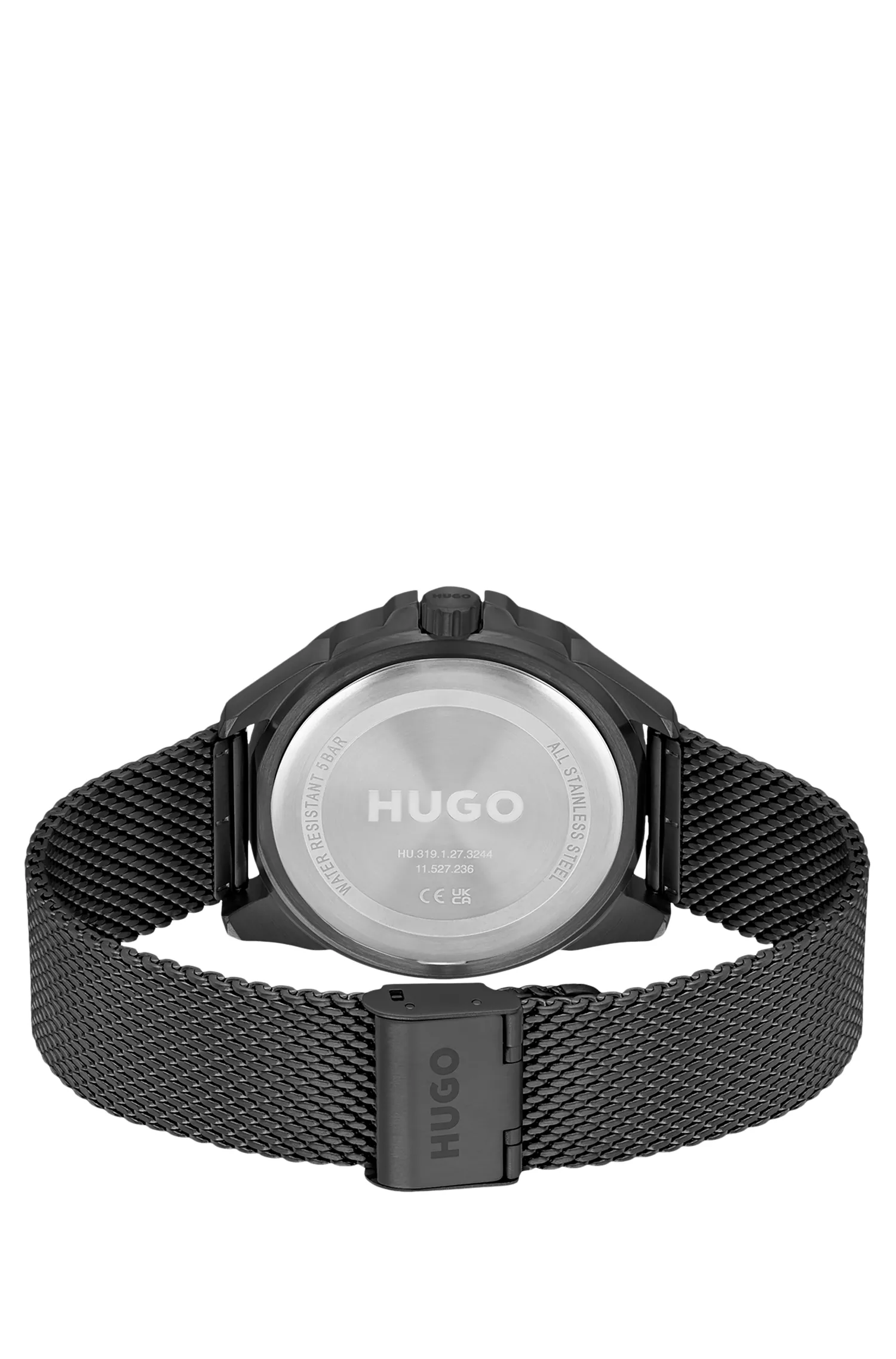 Relógio HUGO com pulseira de malha vermelha e mostrador preto.