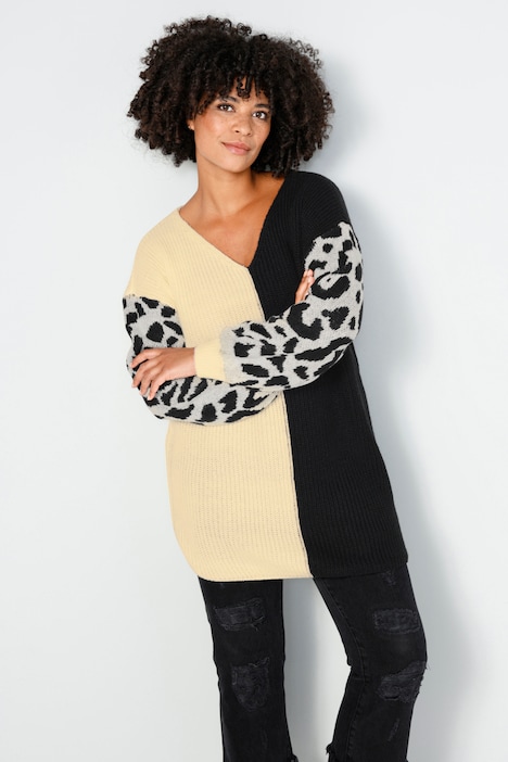 Long-Pullover, oversized, Rippstrick, Leo-Ärmel, V-Ausschnitt