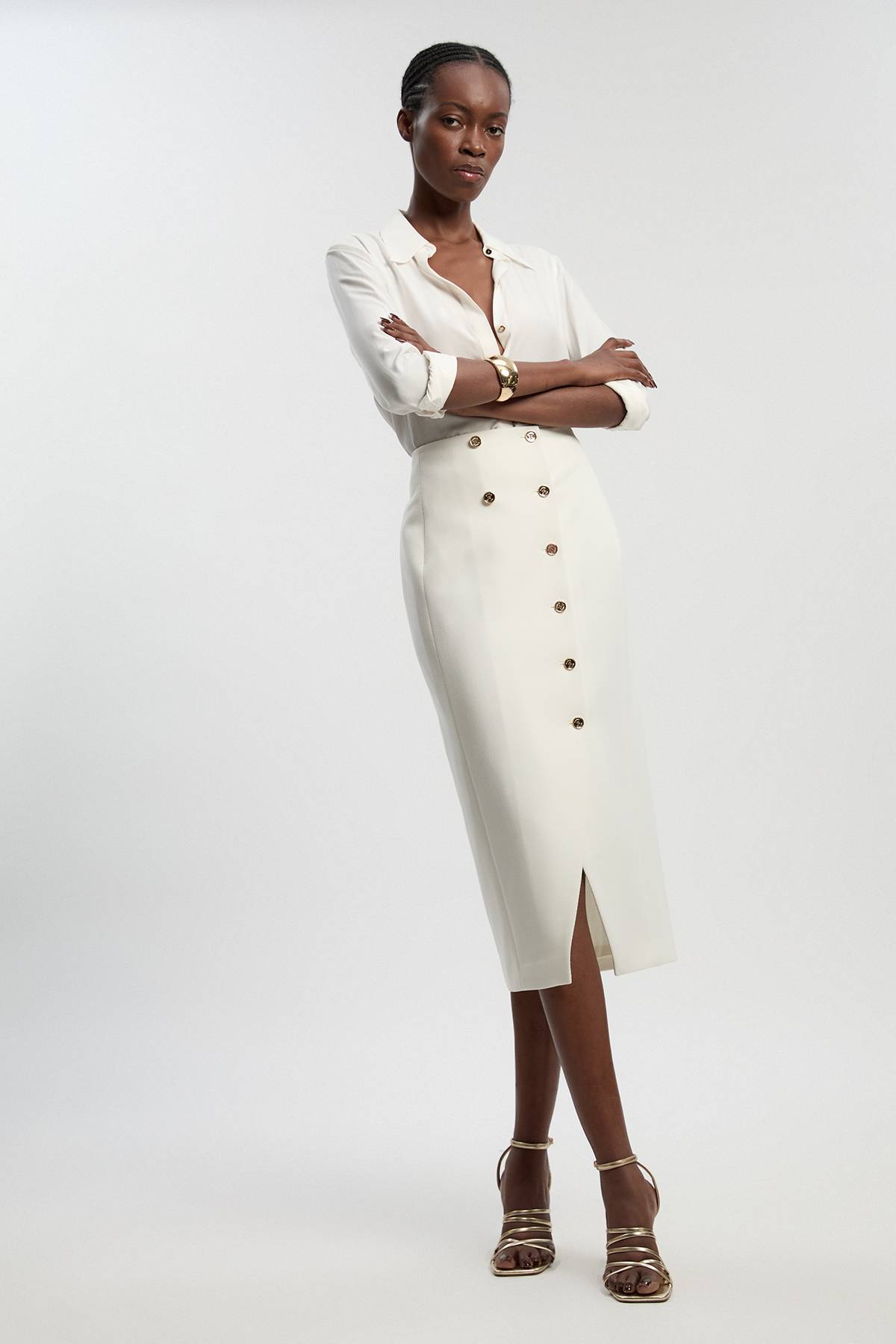 KarenMillen Jupe Midi Texturée Compacte Stretch À Détails Boutonnés