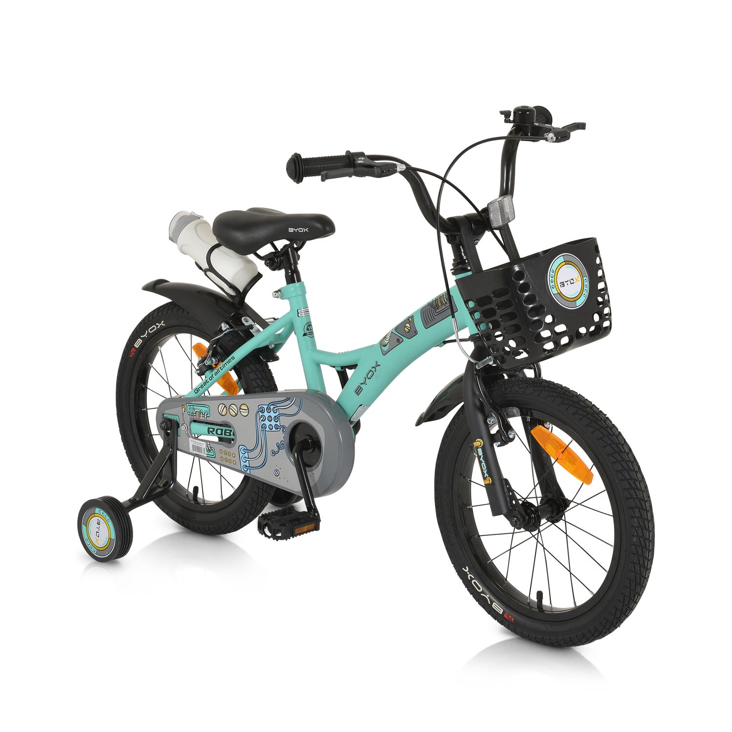 Byox Kinderfahrrad Robo 16 Zoll Stützräder, Flasche, Klingel, Korb, Metallrahmen grün