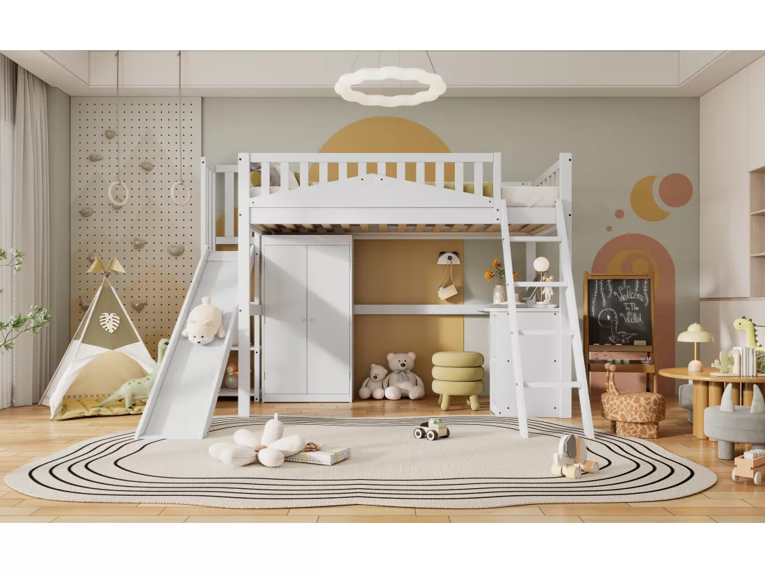 Lit mezzanine 90 x 200 cm avec toboggan, armoire et bureau - Pin+MDF+contreplaqué - Sommier à lattes - Blanc