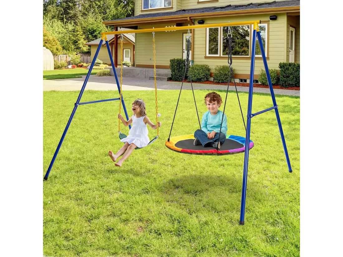 Portique de Balançoire pour Enfants en Forme de A Charge 300KG avec 2 Façons de Suspendre Piquets d'Ancrage 249x185x181,5cm
