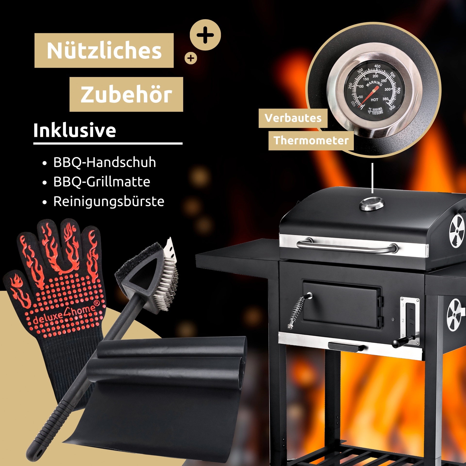 deluxe4home Holzkohlegrill GRILLWAGEN XXL 105 x 50 cm schwarz