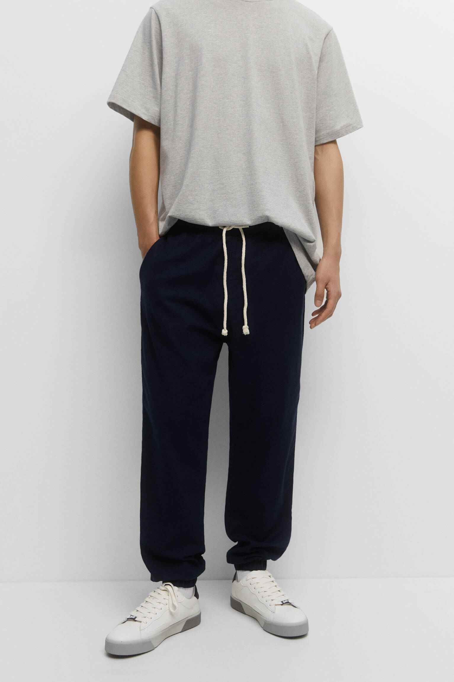 Calça jogger rústica de linho - azul marinho