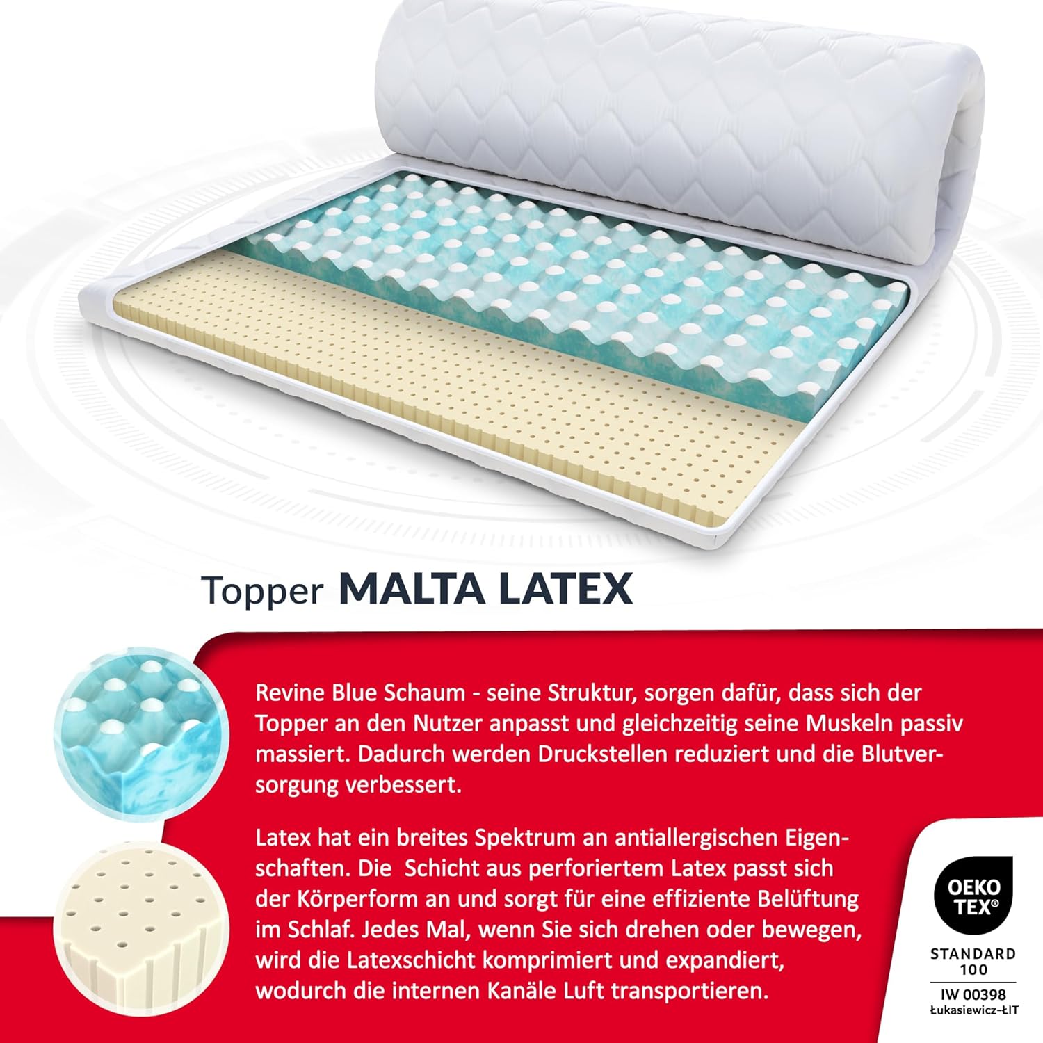 FDM Matratzentopper Malta Latex Matratze Topper 180x200 cm Härtegrad H2 H4 Höhe ca. 8 cm profilierter HR-Schaum Latex Allergiker Geeignet Öko-Tex