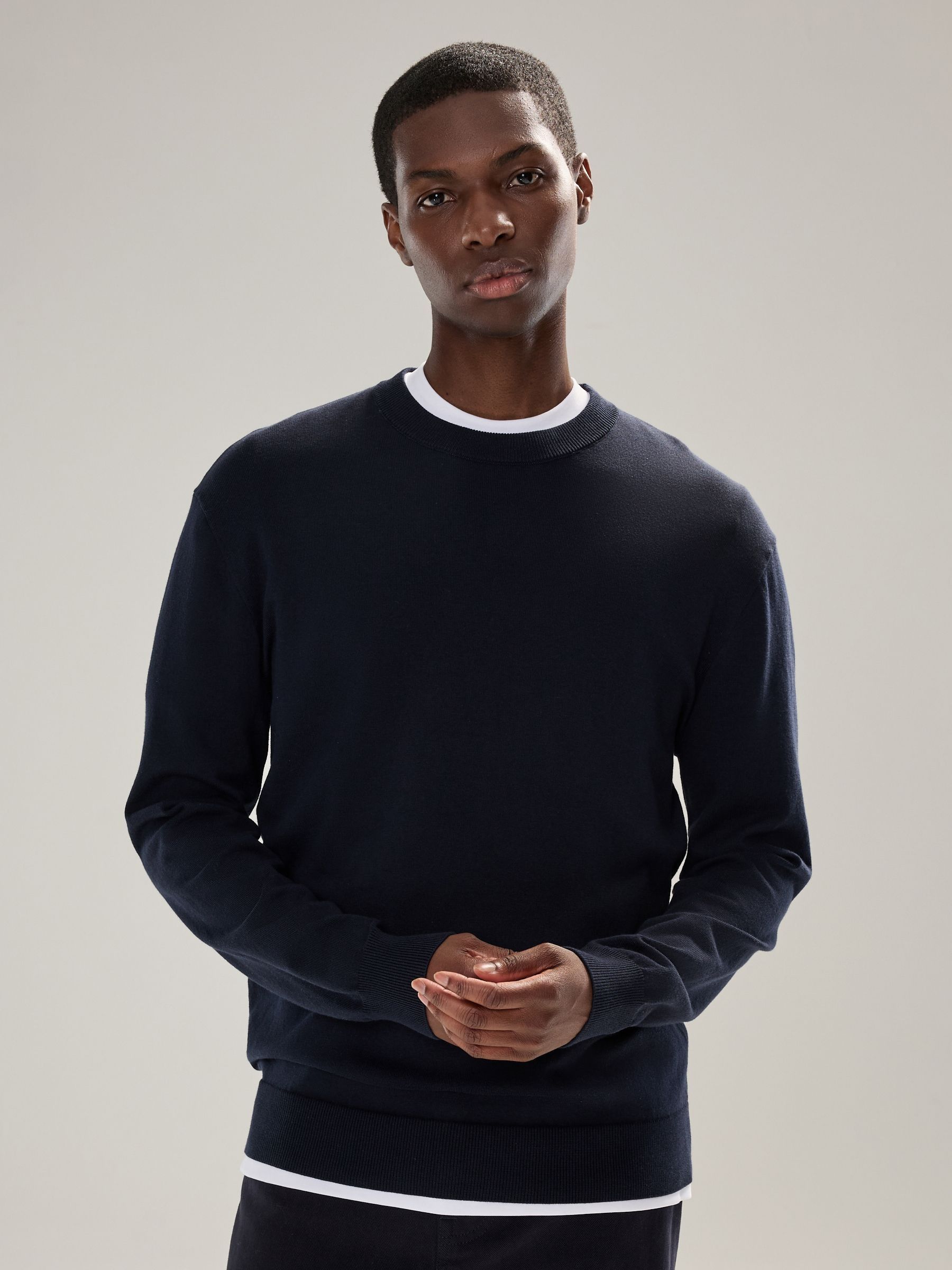 Donkerblauw - Effen - Regular Fit Cotton Rich Crew Neck Jumper