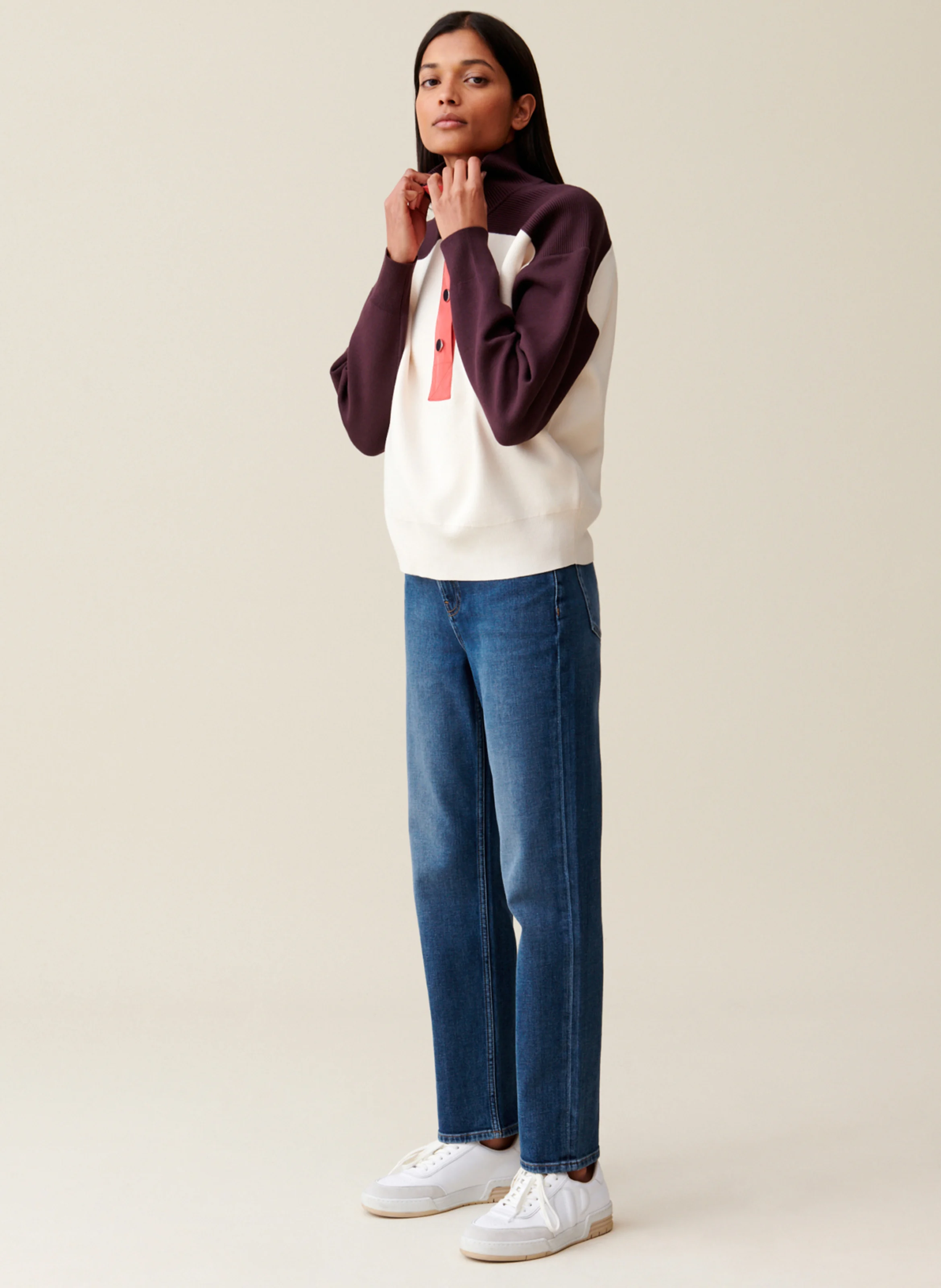 Sweat ample col montant boutonné | Blanc