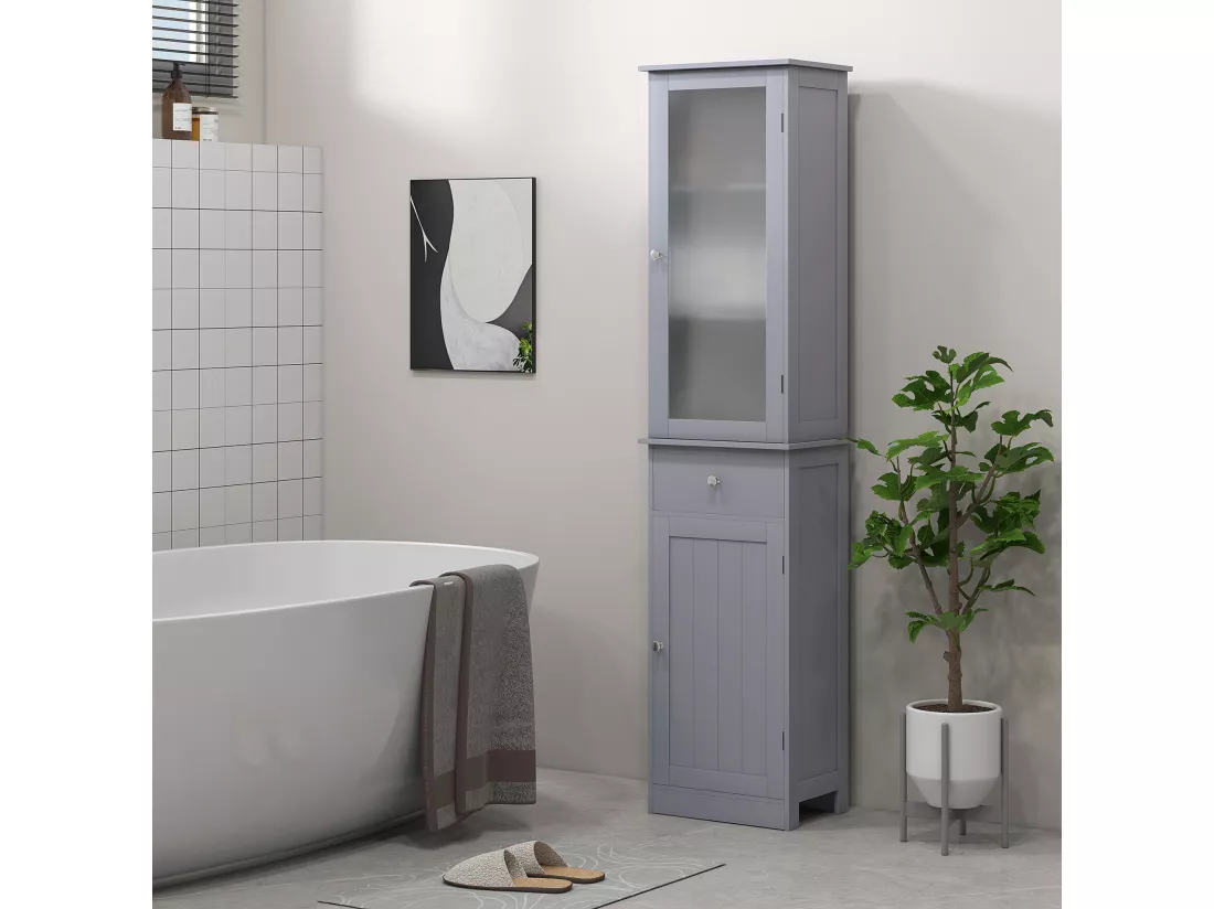 Meuble colonne de salle de bain placard porte acrylique 2 étagères placard porte 1 étagère tiroir MDF gris