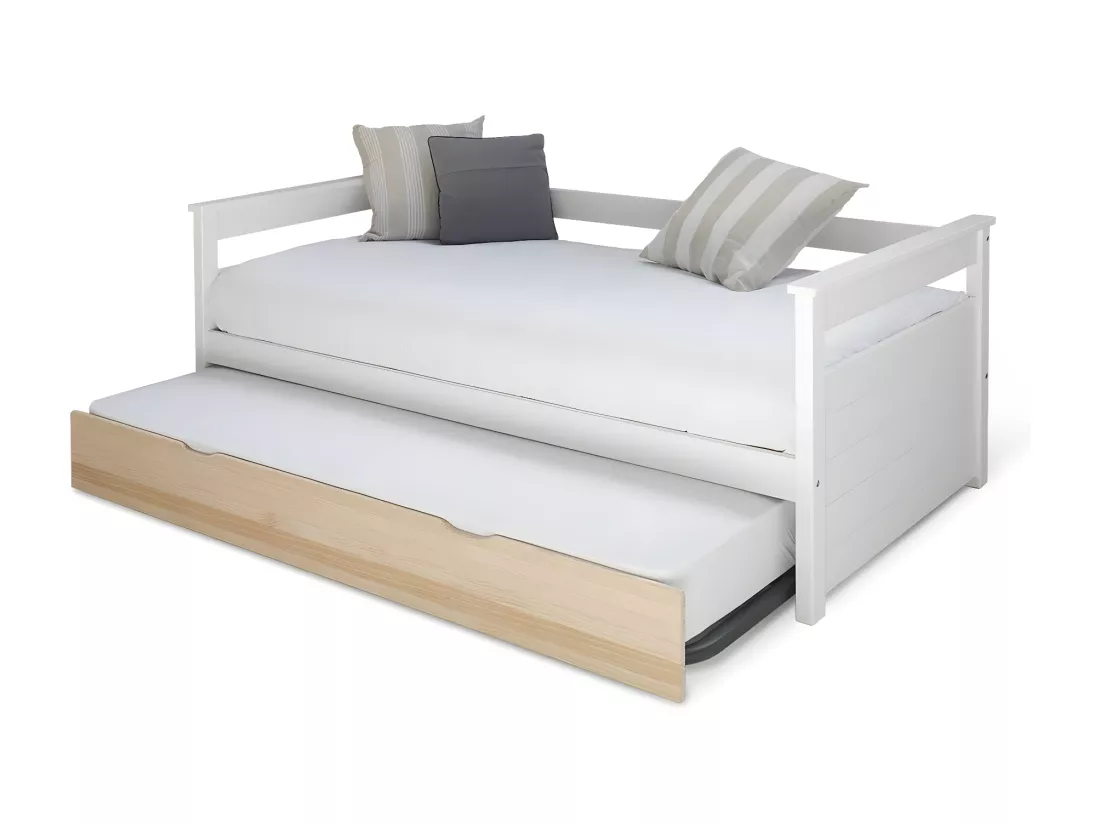 Pack lit gigogne avec 2 matelas 80x200 cm bois massif blanc et bois IZAO